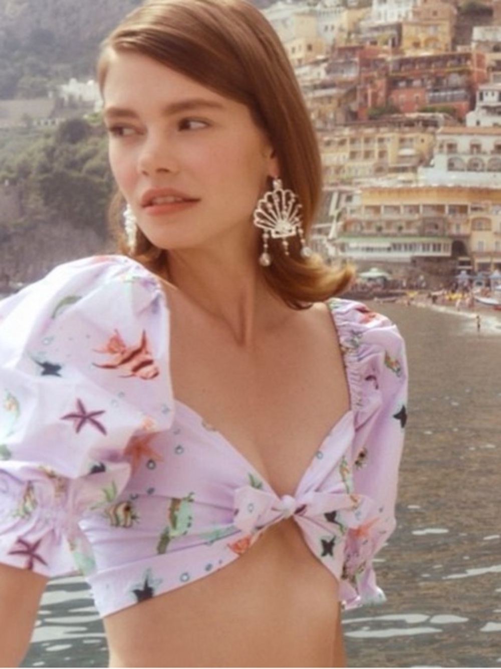 Hill House Isabella Lavender Sea-Print Knot-Front Crop Top